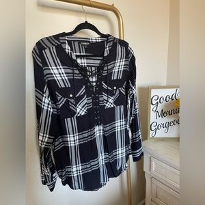 Express black/white plaid top with tie in the front